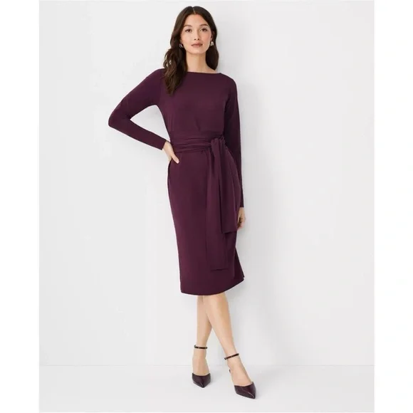 Ann Taylor Plum Rose Tie Waist Long Sleeve Midi Sheath Dress - Picture 4 of 5
